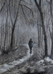 Obraz premium Landscape with a lonely figure in the alley, leaving into the fog. Charcoal drawing. 