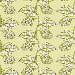 Hand drawn engraving style Hops Seamless pattern. Common hop or Humulus lupulus branch with leaves and cones. Vector Green Floral background
