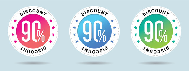 Discount offer price label. Sale vector badge template, 90 percent off sale label symbol, 90 discount promotion. Set of 3 beautiful color gradients.