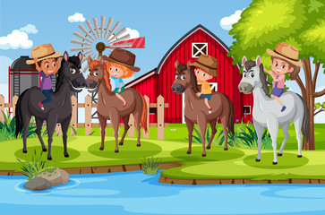 Background scene with kids riding horses in the park