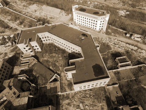 Abandoned construction site of Hospital. (aerial drone image)Abandoned at 1991,during Ukrainian undependence crisis. Kiev Region,Ukraine
