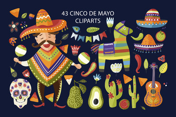 Cinco de Mayo vector colorful clipart set. Holiday Mexican icon collection with cartoon happy man with maracas, sombrero, cactus, pinata, scull and other traditional festival symbols.