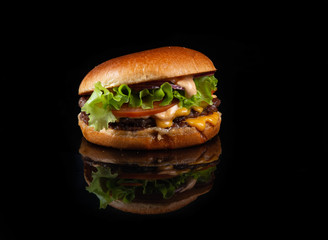 fresh tasty burger isolated on black background. close-up