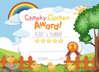 Certificate template design for cheeky chicken award with chicks in the field