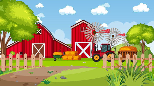 Background scene with red barns in the park