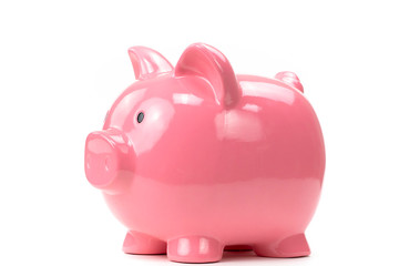 pink piggy bank isolated on white background low angle cutted . Savings concept, rainy-day reserve