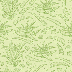 Hand drawn Aloe Vera plant leaves Seamless pattern. Medicinal plants Green background. Vector illustration
