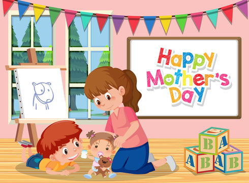 Template design for happy mother's day with mom and children