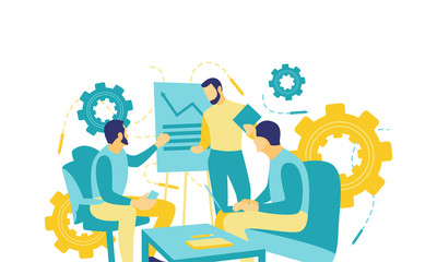 Flat vector illustration. Modern young men in formal outfits make business presentations using flipchart while working in the office. Illustration of a simple business concept.