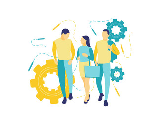 Flat vector illustration, businessman who are walking talk about work in the office and new ideas, looking at each other and smiling. Illustration of a simple business concept.