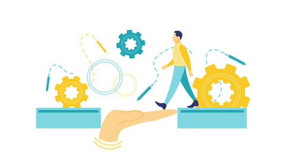 Flat vector illustration of a business concept, Businessman crossing an abstract hand bridge with a white background. The concept of teamwork.