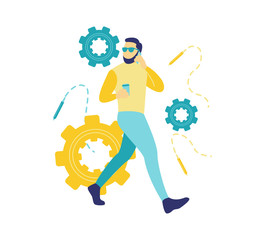 Flat vector illustration of a business concept, a handsome bearded young businessman walking on a white wall drinking coffee. Talk on the telephone.