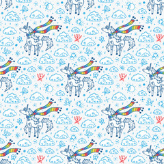 Fototapeta premium Hand Drawn Doodle Cute Magic Unicorn and Clouds Vector Seamless pattern for Kids 