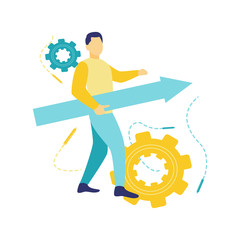 Flat vector illustration, a man walking carrying signs arrow to victory. Walk with confidence and relax. Men who are trying.
