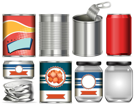 Set of aluminium cans with label design on white background