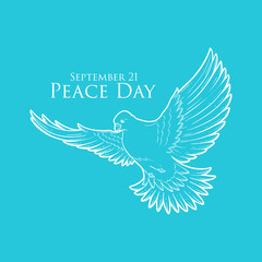 Peace Day concept with white pigeon or dove line art, greeting card for international holiday, love, hope and freedom sign, planet ecological problems poster, charity and humanity logo. September 21