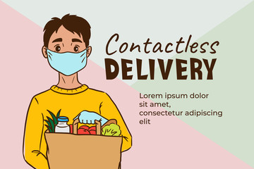 Safe contactless food delivery service concept, boy courier in mask holding paper package with grocery to door after online order, meal delivery in case of epidemic situation to safe those stay home
