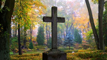 cross in fog at the cemetary