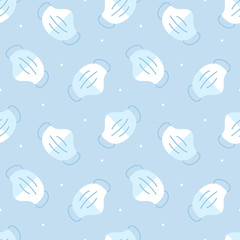 Blue medical face mask, respirator and dots seamless pattern background.