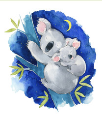 Cute koala family sleeping at night, watercolor illustration © kamenuka