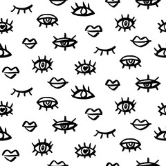 Vector seamless pattern with hand drawn lips and eyes