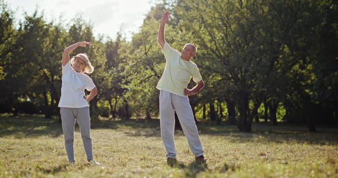 Active elderly couple exercising outdoors in a park or garden ding arm stretches in a health and fitness during retirement concept