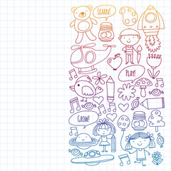 Vector pattern with little children. Kindergarten, play and grow together. Icons of toys and kids in doodle style