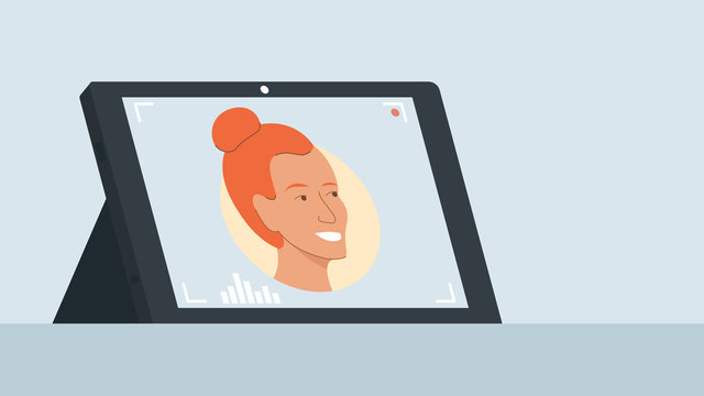 Vector illustration of a tablet with running video conferencing program with portrait of redhead smiling girl on the screen. It represents a concept of work from home, online meeting, videoconference
