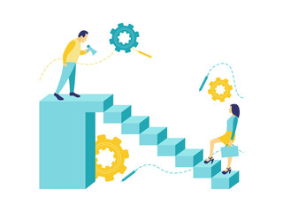 Flat vector illustration of a business concept, a young businessman stands at a bar and uses a megaphone to call the woman. Progress in achieving something.