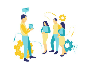 Flat vector illustration of a business concept, a man explains about a business using a smart phone to several people. Leadership in teamwork.