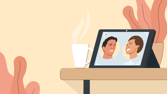 Vector illustration of a tablet with running video conferencing program with portraits of two person talking in cozy room. It represents a concept of work from home, online meeting, videoconference