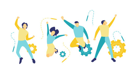 Flat vector illustration of a business concept, business people succeed in achieving goals. People who are excited so they jump for fun. The concept of pleasure in achieving goals.