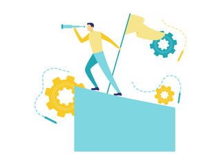 Flat vector illustration of a business concept, a man standing on a bar with a flag and looking into a telescope. Business concepts and looking for opportunities in business progress.