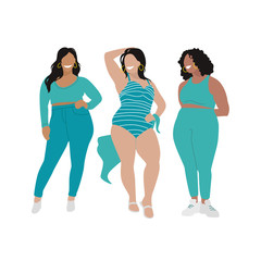 Model plus size in blue clothes flat and beautiful style on white background. Cartoon style. Concept design. Happy woman.