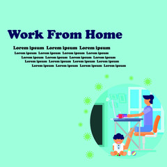 Working from home, person sitting on table desk computer workplace in house room and dribble flat vector design, vector illustration