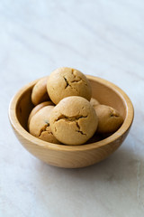 Healthy Organic Freshly Baked Homemade Peanut Butter Cookies in Wooden Bowl.