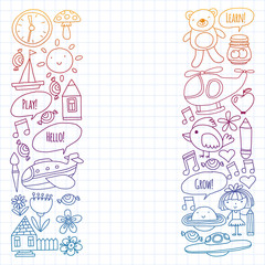Vector pattern with little children. Kindergarten, play and grow together. Icons of toys and kids in doodle style