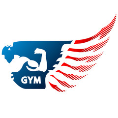 Bodybuilder arm with gym muscles and fitness wing symbol