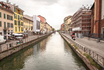 Fototapeta na wymiar Milan, Lombardia, Italy, April 2020, Naviglio Grande empty of people during covid19 Coronavirus epidemic