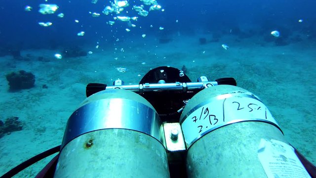 A diver exploring coral reef. Tech diver. 4k.