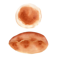 Watercolor illustration with images of bakery products. Loaves, baguettes, loaves and buns