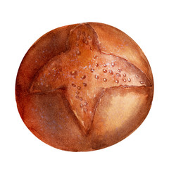 Watercolor illustration with images of bakery products. Loaves, baguettes, loaves and buns