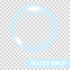 Fototapeta na wymiar Transparent water drop on light gray background, vector illustration