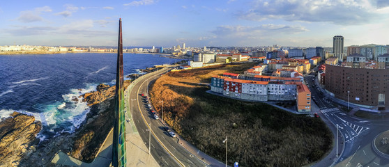 Millenium Obelisk in La Coruna. Aerial View in the beautiful city of Galicia,Spain. Drone Shoot