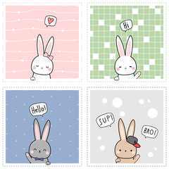 Cute Set of Funny Rabbit Cartoon Doodle Square Card