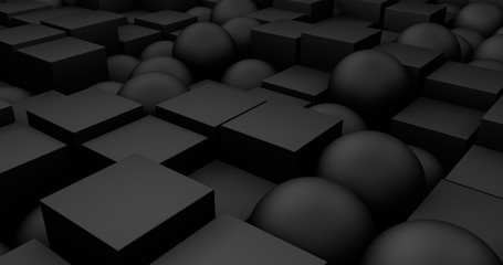 Black clean minimal design. Abstract 3d rendering background. Cube and sphere in dark ambient. Modern design, trend 2020