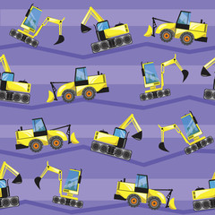 Seamless pattern with tractors or excavators as backdrop or background for printing on textiles, flat vector stock illustration or random pattern with heavy machine on purple background