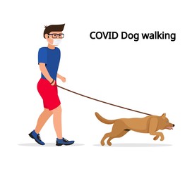 Man in white medical protective mask and medical gloves, walking with their dog. Coronavirus quarantine vector illustration.