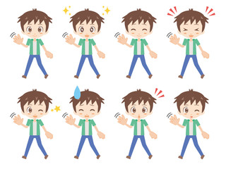 人物セット＿手を振り歩く＿男性＿グリーン