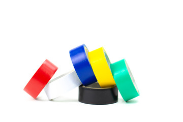 Multicolored duct tape in small rolls for design and repair, concept differences . Minimalism style. Creative design isolated on white background